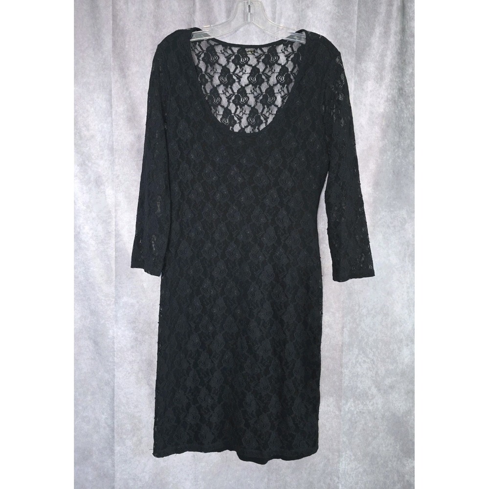 GUESS Black Lace Bodycon Dress XL 3/4 Sleeve Scoop Neck Lined Cocktail Stretch